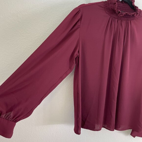 Ann Taylor Womens Small Burgundy Smocked Mock Neck Long Sleeve Blouse Shirt - Picture 9 of 10
